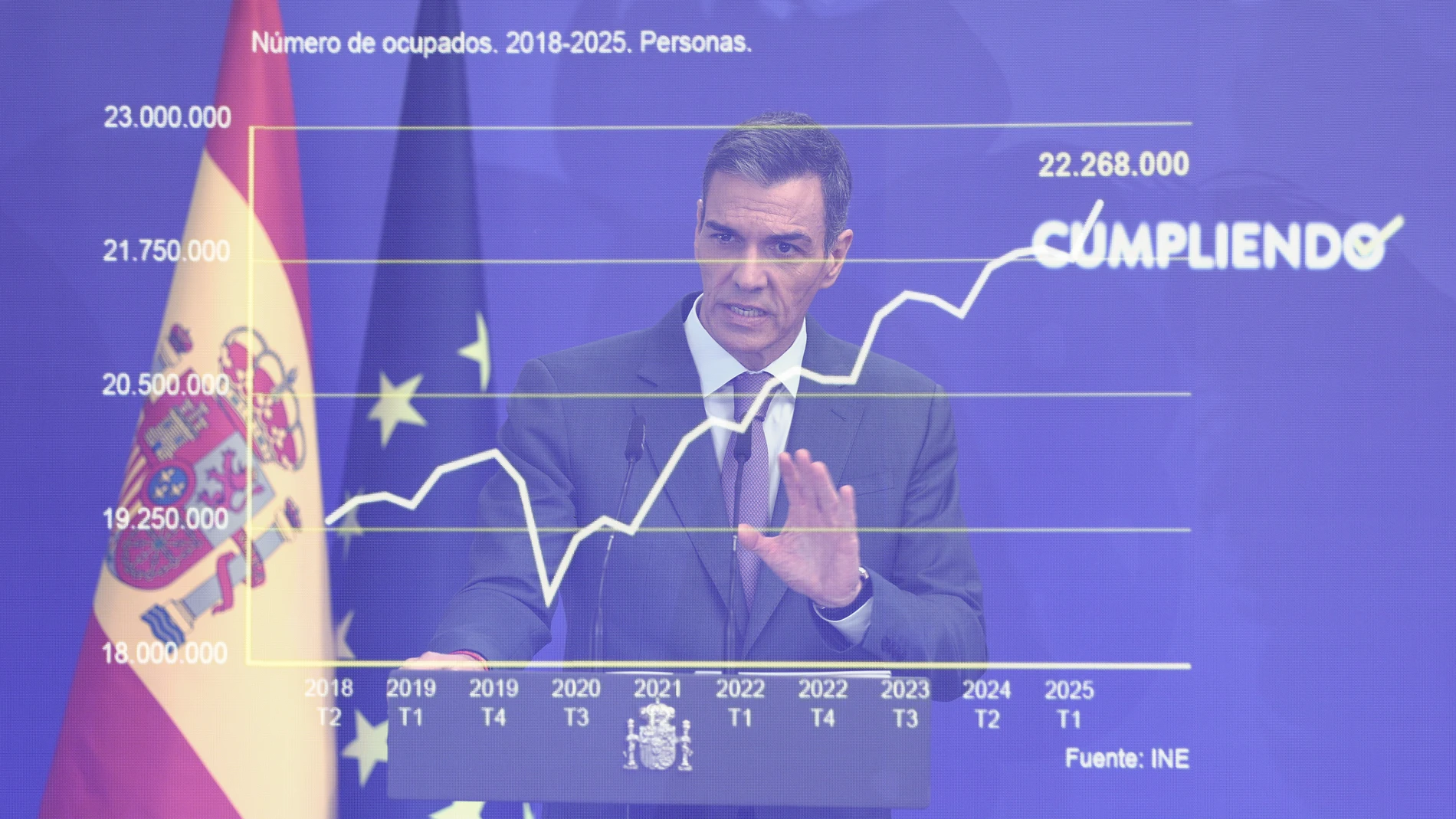 El presidente del Gobierno, Pedro Sánchez, comparece ante los medios de comunicación para hacer balance del curso político, a 28 de julio de 2025, en Madrid (España). Esta fotografía ha sido realizada utilizando la técnica de doble exposición. 28 JULIO 2025 Eduardo Parra / Europa Press 28/07/2025