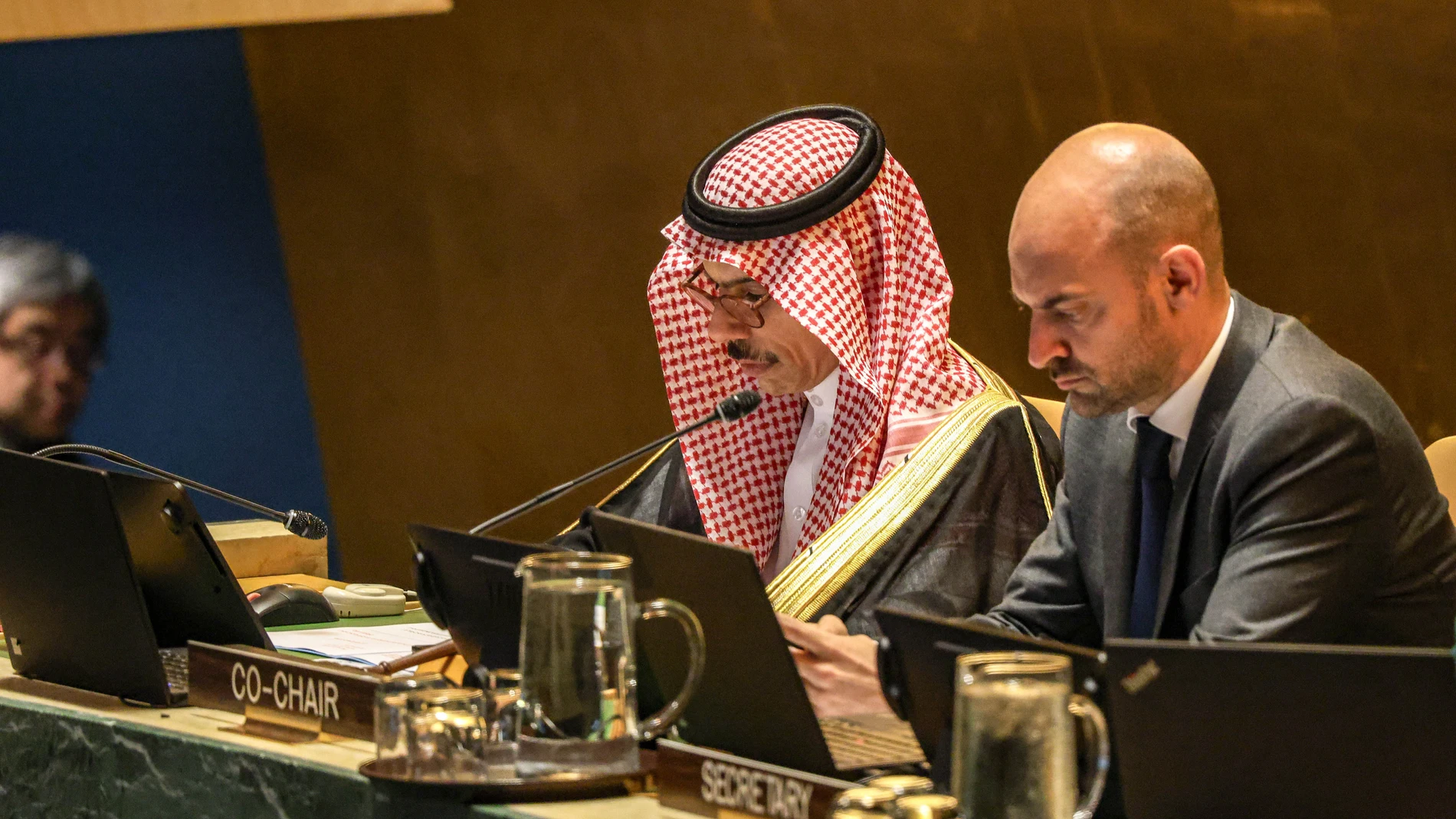 July 29, 2025, New York, New York, USA: PRINCE FAISAL BIN FARHAN AL SAUD of Saudi Arabia sits next to JEAN-NOËL BARROT of France on a panel at the UN Conference on Palestine and the Two-State Solution. The US and Israel did not attend. Europa Press/Contacto/Bianca Otero 29/07/2025 ONLY FOR USE IN SPAIN
