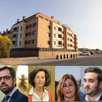 Los parlamentario del PP de Valladolid Eduardo Carazo, Mercedes Cantalapiedra y José Ángel Alonso; y la portavoz del partido en Arroyo de la Encomienda, Marta Sanz, y de fondo las vivienda okupadas
