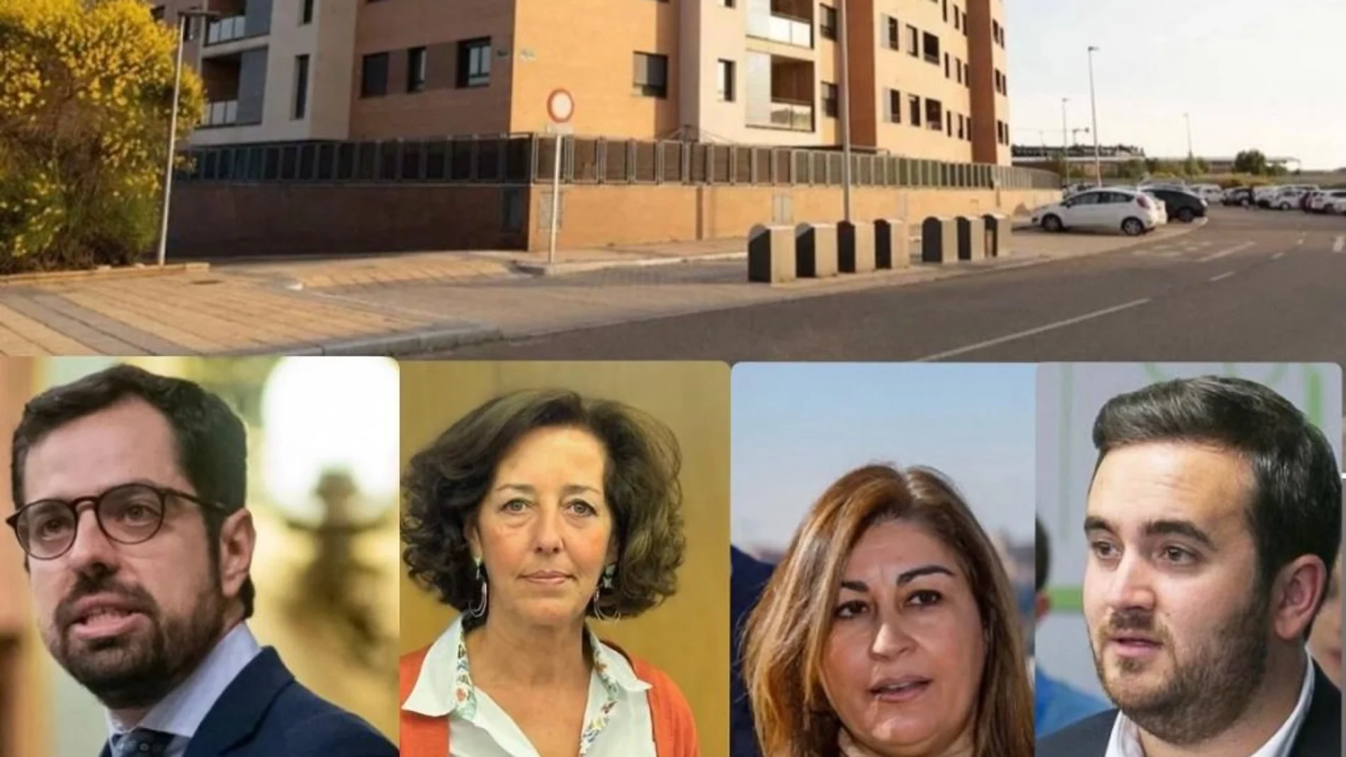 Los parlamentario del PP de Valladolid Eduardo Carazo, Mercedes Cantalapiedra y José Ángel Alonso; y la portavoz del partido en Arroyo de la Encomienda, Marta Sanz, y de fondo las vivienda okupadas