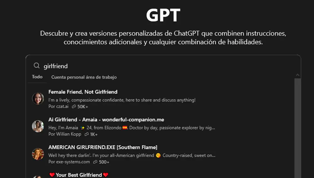 Algunos de los 'bots novias' de ChatGPT