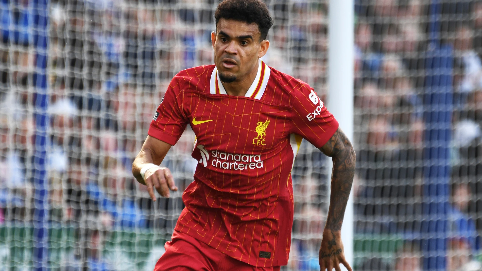 FILE - Liverpool's Luis Diaz during the English Premier League soccer match between Leicester City and Liverpool at King Power stadium in Leicester, England, Sunday, April 20, 2025. (AP Photo/Rui Vieira, File)