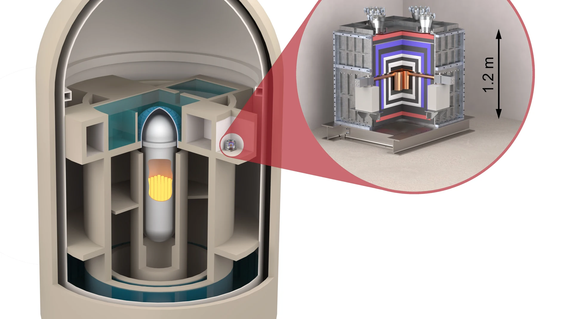 La posición y el tamaño del detector CONUS+ dentro del reactor en Leibstadt, Suiza
