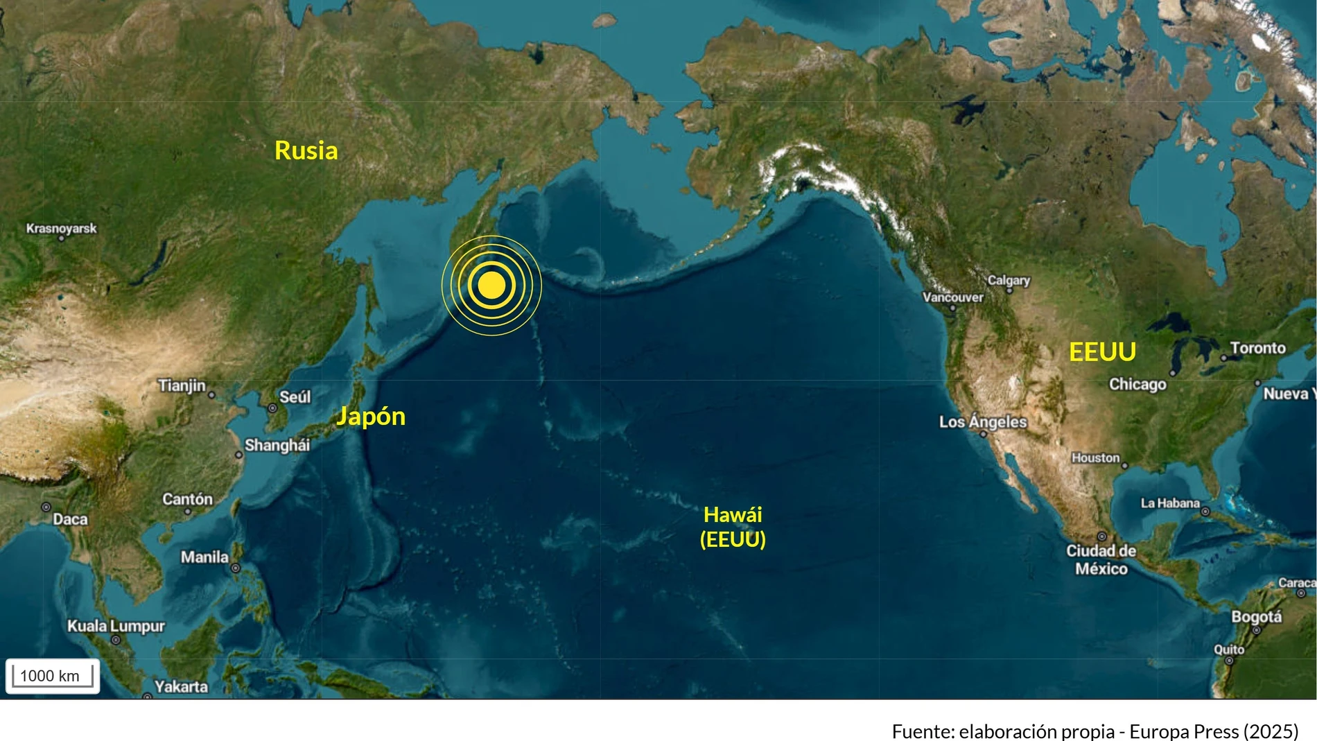 Mapa con localización del epicentro del terremoto de magnitud 8,8 en la escala Richter que ha sido registrado este miércoles en la península de Kamchatka, en el extremo oriental de Rusia, y ha provocado alertas de tsunami en gran parte del Pacífico, especialmente en territorio japonés, donde dos millones de personas han sido ya evacuadas. 30 JULIO 2025;EPDATAINFOGRAFIA;DATOS;INTERNACIONAL Europa Press 30/07/2025