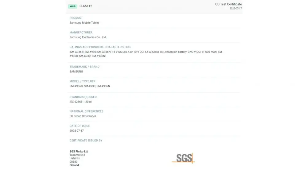 El documetno de SGS Fimko que confirma las especificaiciones de la batería de la Galaxy Tab S11 Ultra