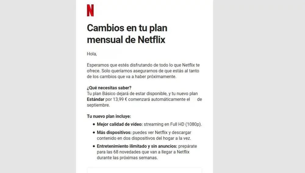 Mail de Netflix indicando que cambia la suscripción del plan Básico al Estándar.