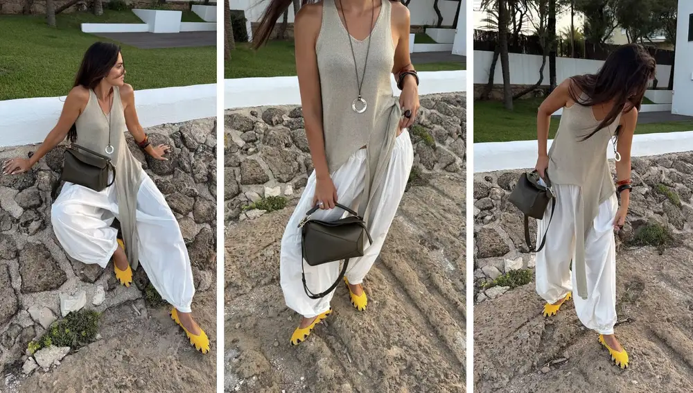 Top drapeado, pantalón amplio y bailarinas artesanales: así interpreta Marta Lozano una de las siluetas clave del verano.