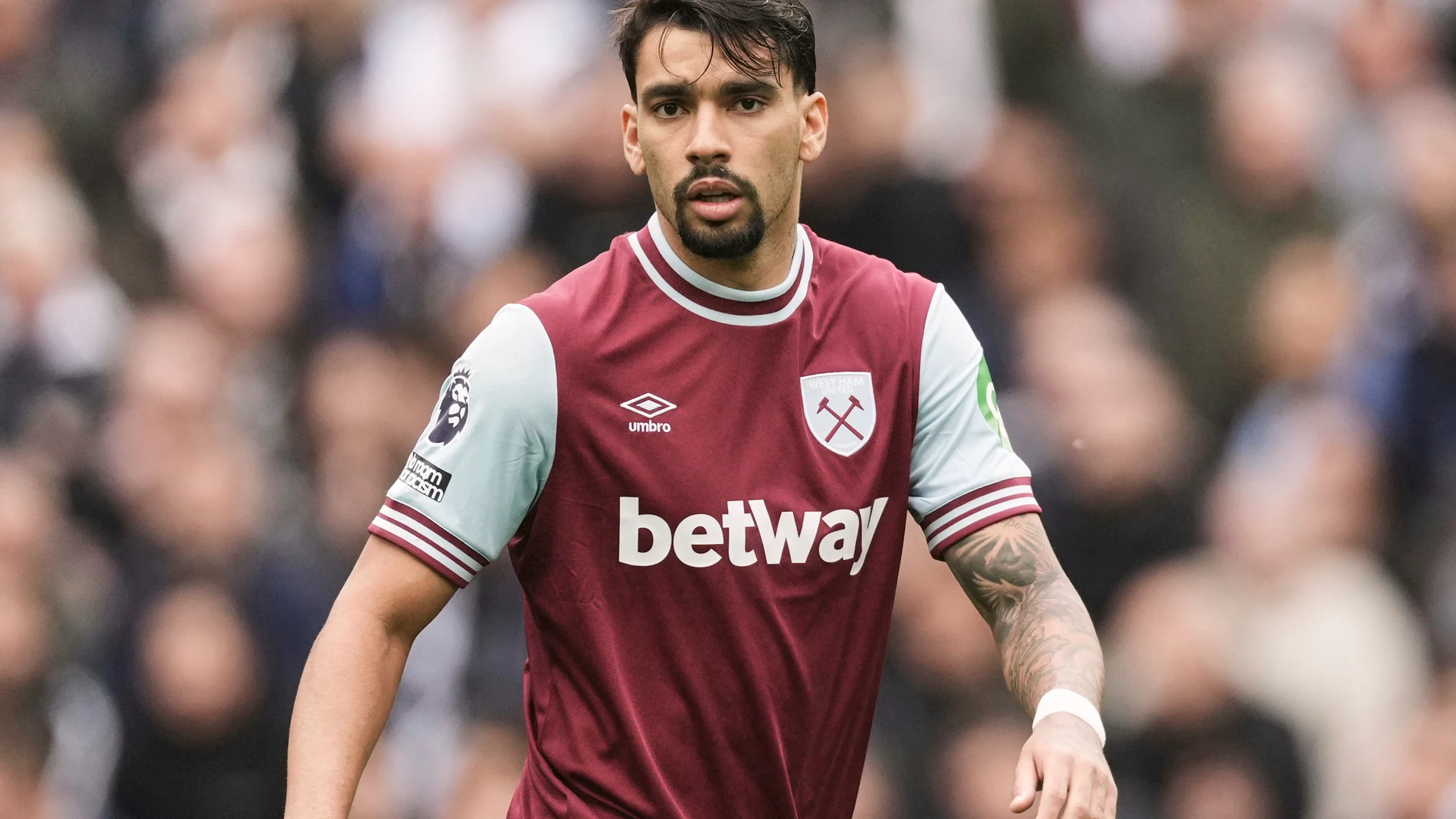 FILE - West Ham's Lucas Paqueta runs into position during the English Premier League soccer match between Tottenham Hotspur and West Ham United at the Tottenham Hotspur Stadium in London, Oct. 19, 2024. (AP Photo/Dave Shopland, File)