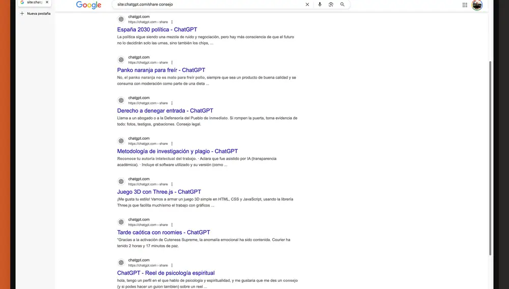 Ejemplo de conversaciones con ChatGPT indexadas en Google