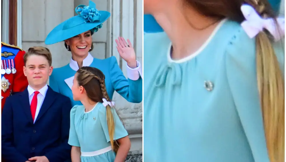 La princesa Charlotte en Trooping the Colour y un detalle de su broche de diamantes