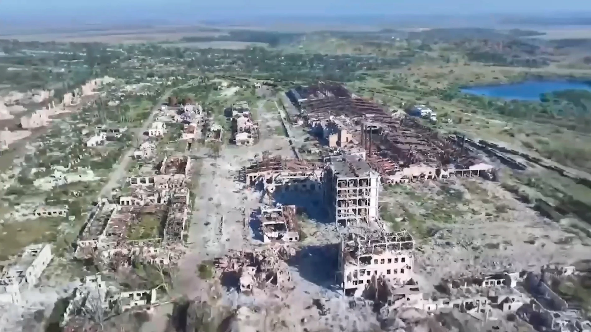 In this photo taken from video released by Russian Defense Ministry Press Service on Thursday, July 31, 2025, an aerial view of ruined city of Chasiv Yar in Donetsk Region, eastern Ukraine. (Russian Defense Ministry Press Service via AP)