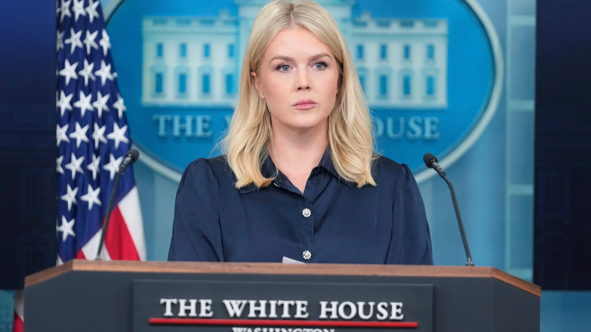 White House press secretary Karoline Leavitt speaks during a press briefing at the White House in Washington, Thursday, July 31, 2025. (AP Photo/Mark Schiefelbein)