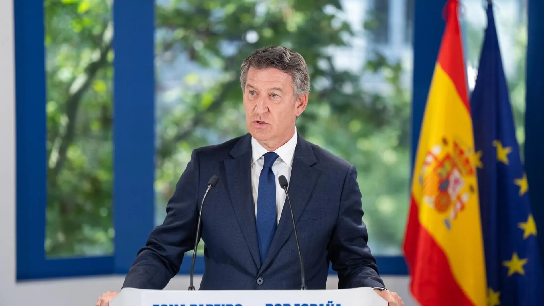 Alberto Núñez Feijóo, este jueves en Génova 13, sede del PP, durante su balance de fin de curso.
