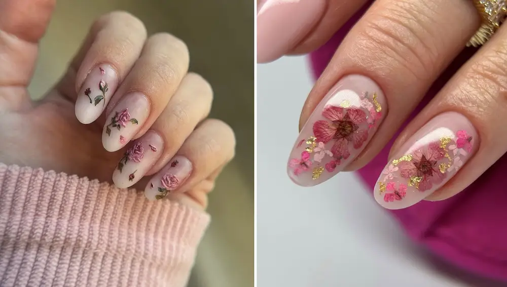 Uñas rosas con flores