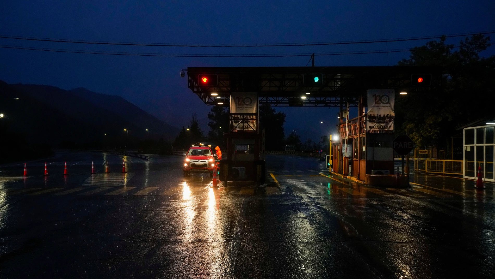 A view of the entrance of El Teniente copper mine, operated by Codelco, where a collapse killed one worker and trapped five others underground, leading to a suspension of operations in Rancagua Chile, Friday, Aug. 1, 2025. (AP Photo/Esteban Felix)