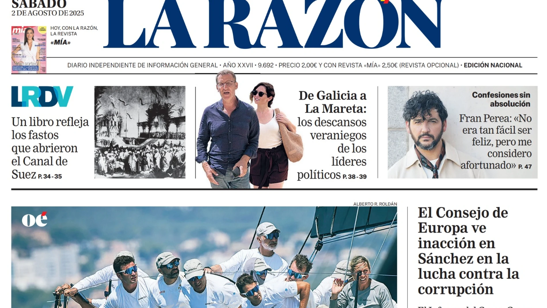 Portada de LA RAZÓN del sábado 2 de agosto de 2025