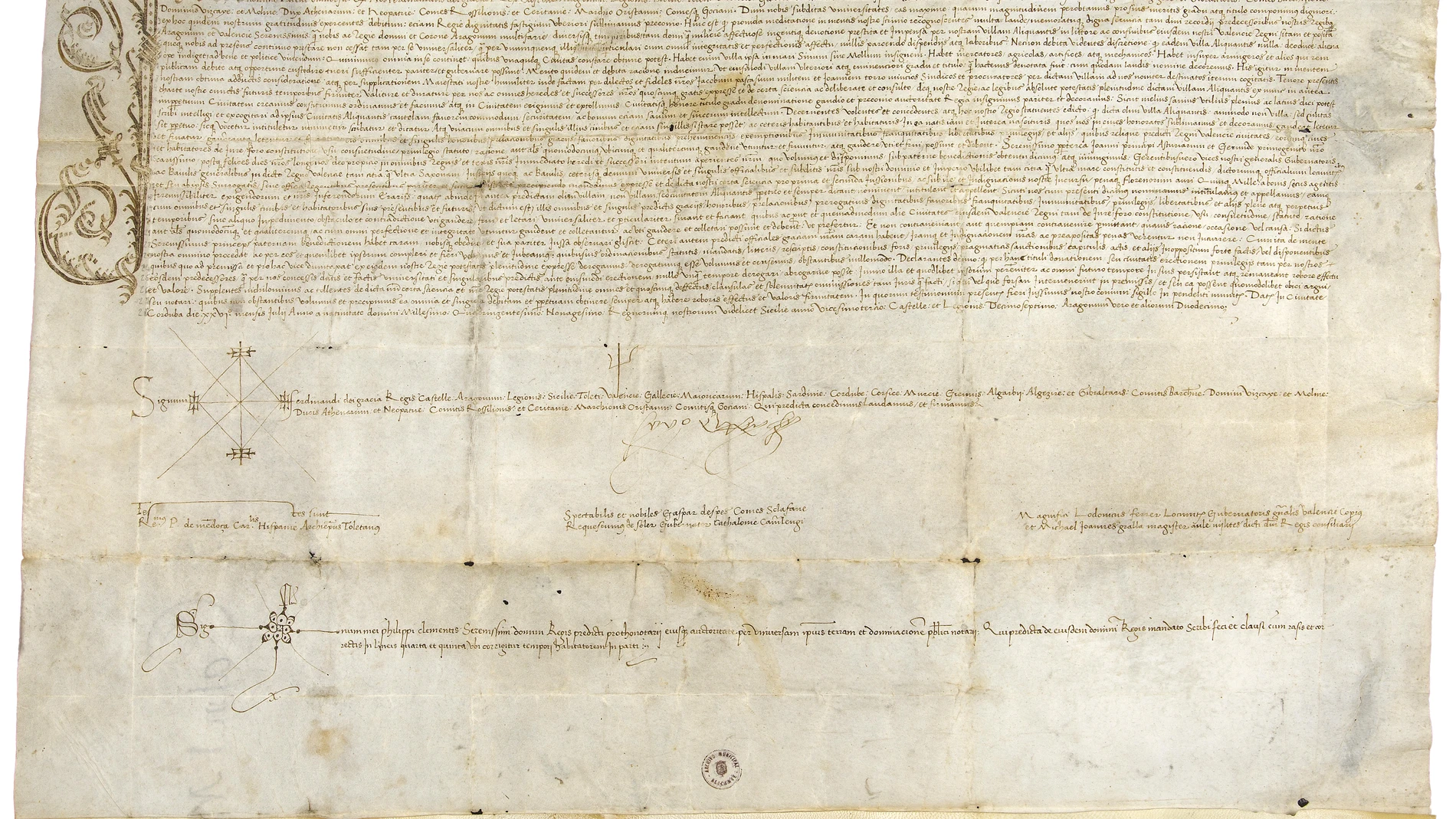 Facsímil del pergamino por el cual el rey Fernando el Católico concedió el título de ciudad a Alicante