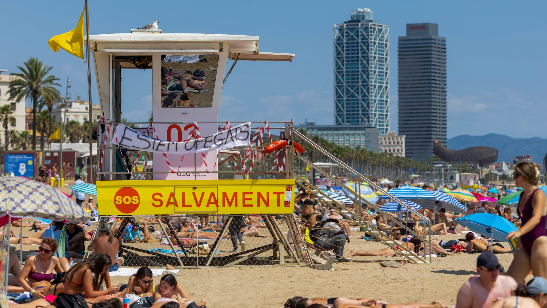 BARCELONA, 03/08/2025.-Mensajes de "Barcelona se ahoga" o "Estamos ahogados2 cuelgan de las casetas de socorrismo en las playas de Barcelona durante la huelga de socorristas este domingo, que está teniendo lugar estos días donde se reclama más derechos para los trabajadores. EFE/Marta Pérez