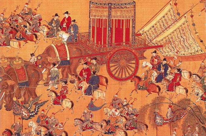 Detalle de una obra que muestra a un emperador chino en su carruaje real