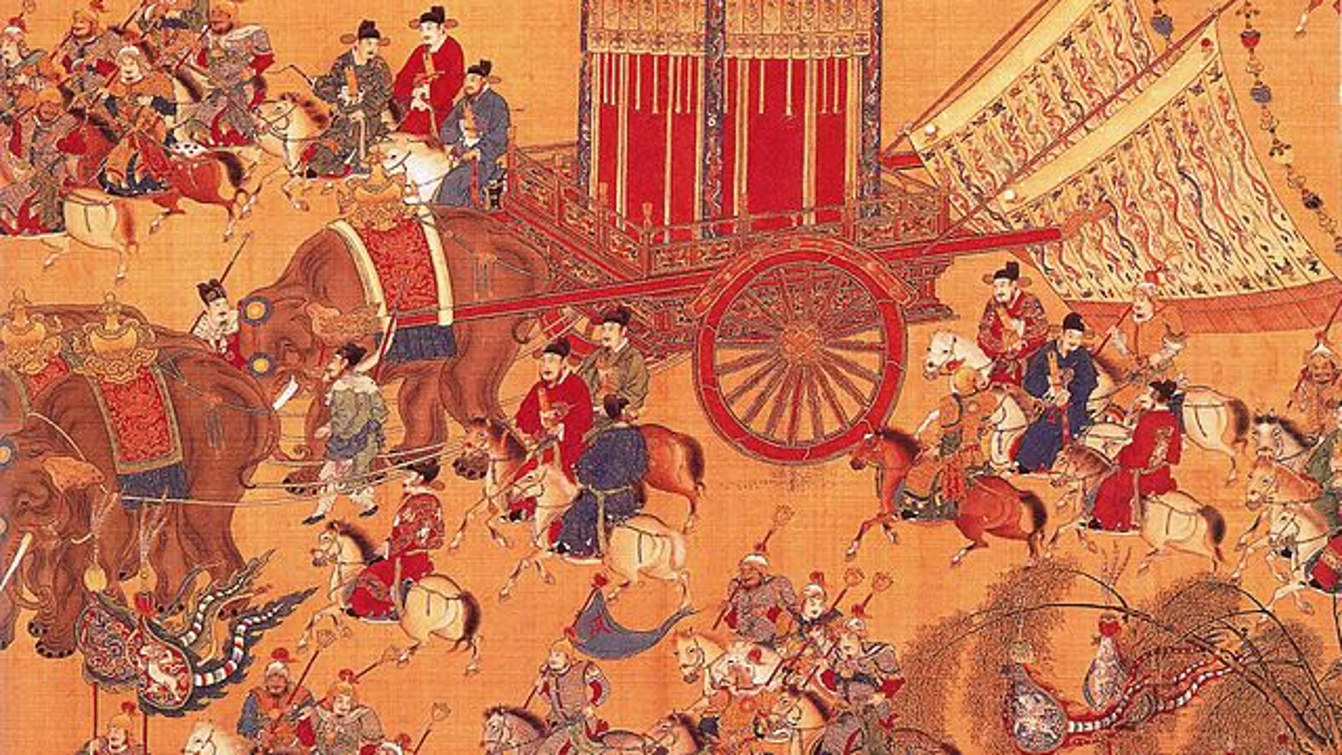 Detalle de una obra que muestra a un emperador chino en su carruaje real