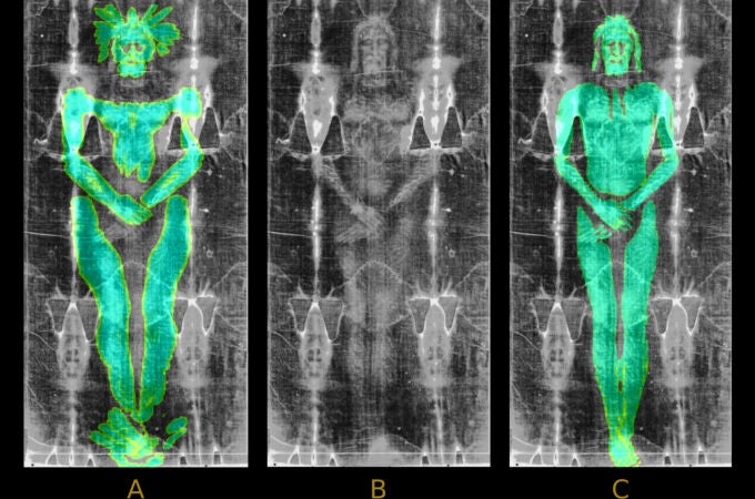 A la izq. el modelo en 3D, luego el original y las huellas de sangre de un modelo en 2D, similares al sudario original.