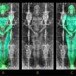 A la izq. el modelo en 3D, luego el original y las huellas de sangre de un modelo en 2D, similares al sudario original.
