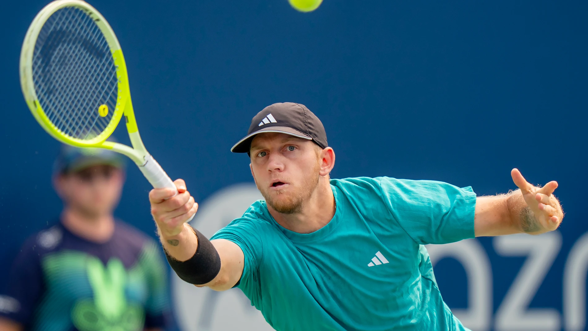 Alejandro Davidovich Foikina, of Spain, hits a backhand to Andrey Rublev, of Russia, during their match at the National Bank Open men's tennis tournament in Toronto. (Frank Gunn/The Canadian Press via AP)