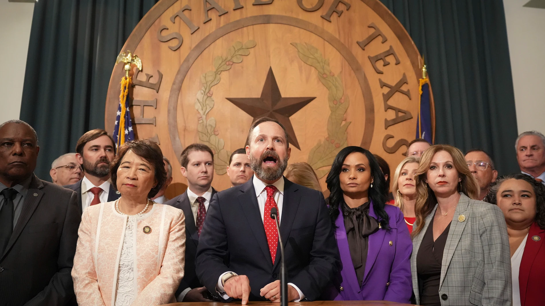 Speaker of the House Rep. Dustin Burrows speaks at a news conference at the Capitol in Austin, Texas, Monday, Aug. 4, 2025, after dozens of Democrats left the state, and the Republican-dominated House was unable Monday to establish the quorum of lawmakers required to do business. (Jay Janner/Austin American-Statesman via AP)