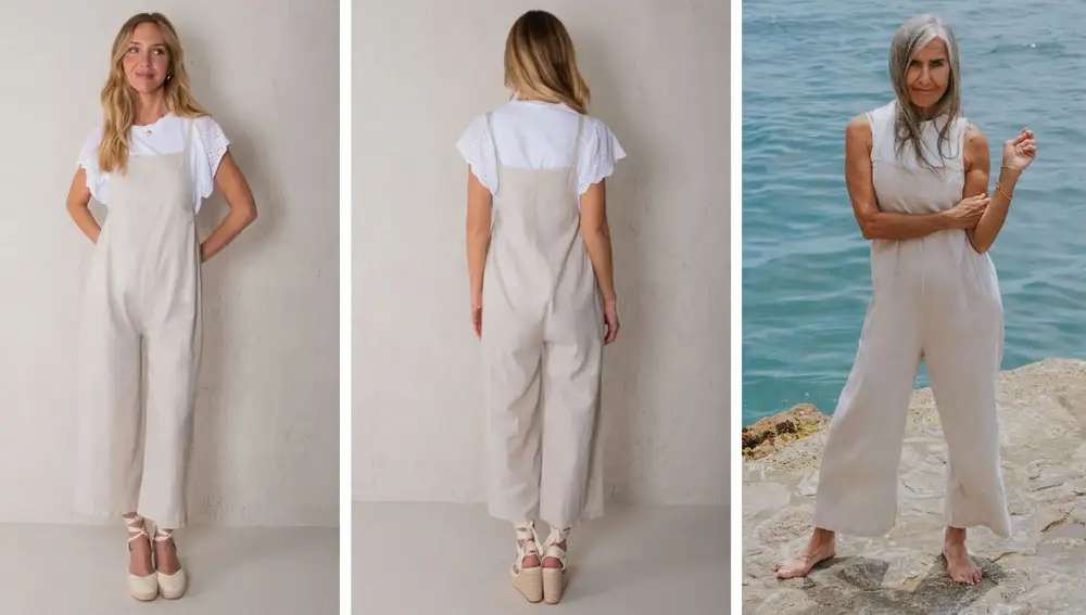 Mono de lino beige con escote cuadrado (45€)