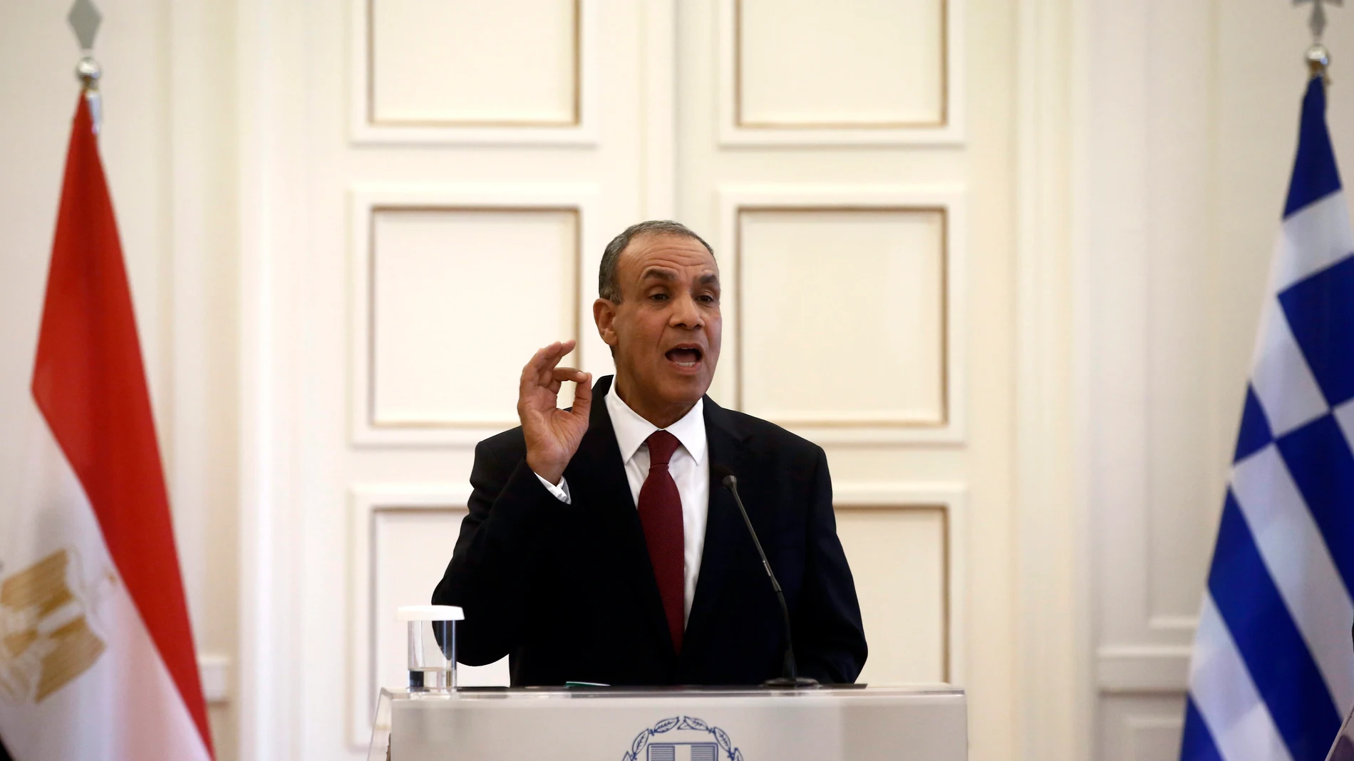 ATHENS (Greece), 06/08/2025.- Egyptian Foreign Minister Badr Abdelatty attends a joint press conference after their meeting in Athens, Greece, 06 August 2025. The Egyptian foreign minister is in Athens for a one-day official visit. (Egipto, Grecia, Atenas) EFE/EPA/YANNIS KOLESIDIS