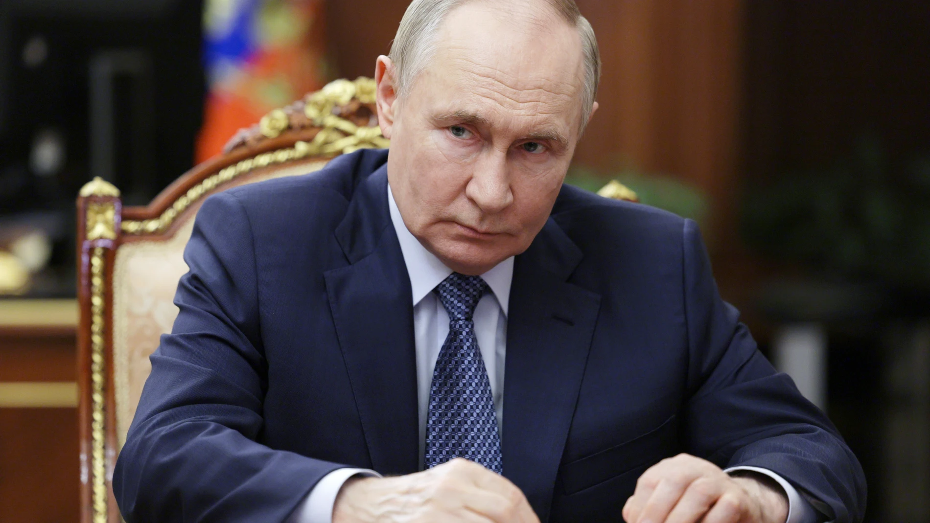 Russian President Vladimir Putin attends a meeting with Igor Shuvalov, the chairman of the Russian state development corporation VEB.RF, at the Kremlin in Moscow, Russia, Tuesday, Aug. 5, 2025. (Mikhail Metzel, Sputnik, Kremlin Pool Photo via AP)