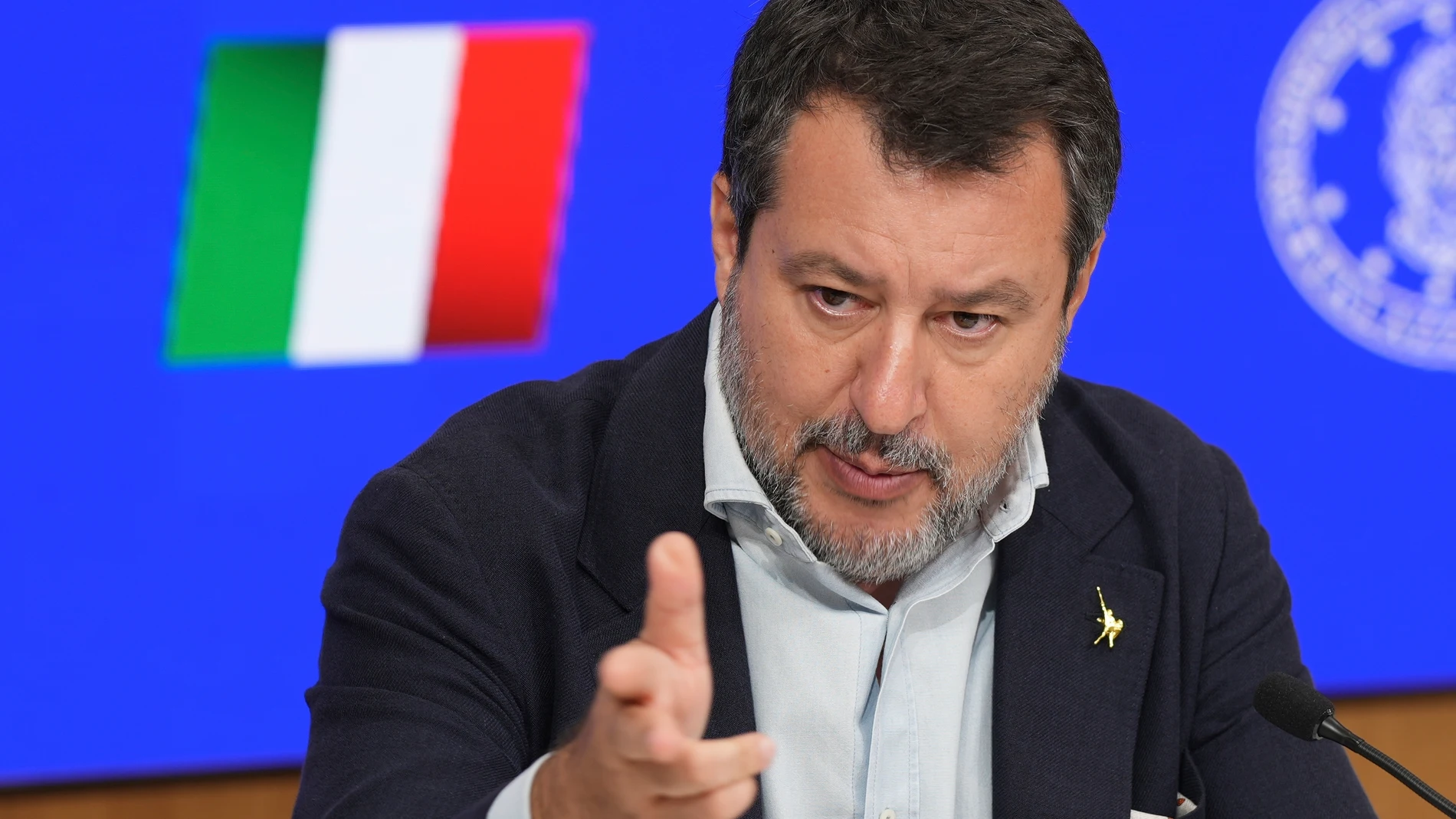 Italian Vice Premier and Minister of Transport Matteo Salvini holds a press conference about the decision to approve work on the Strait of Messina suspension bridge linking the Italian mainland with Sicily, in Rome, Wednesday, Aug. 6, 2025. (AP Photo/Andrew Medichini)