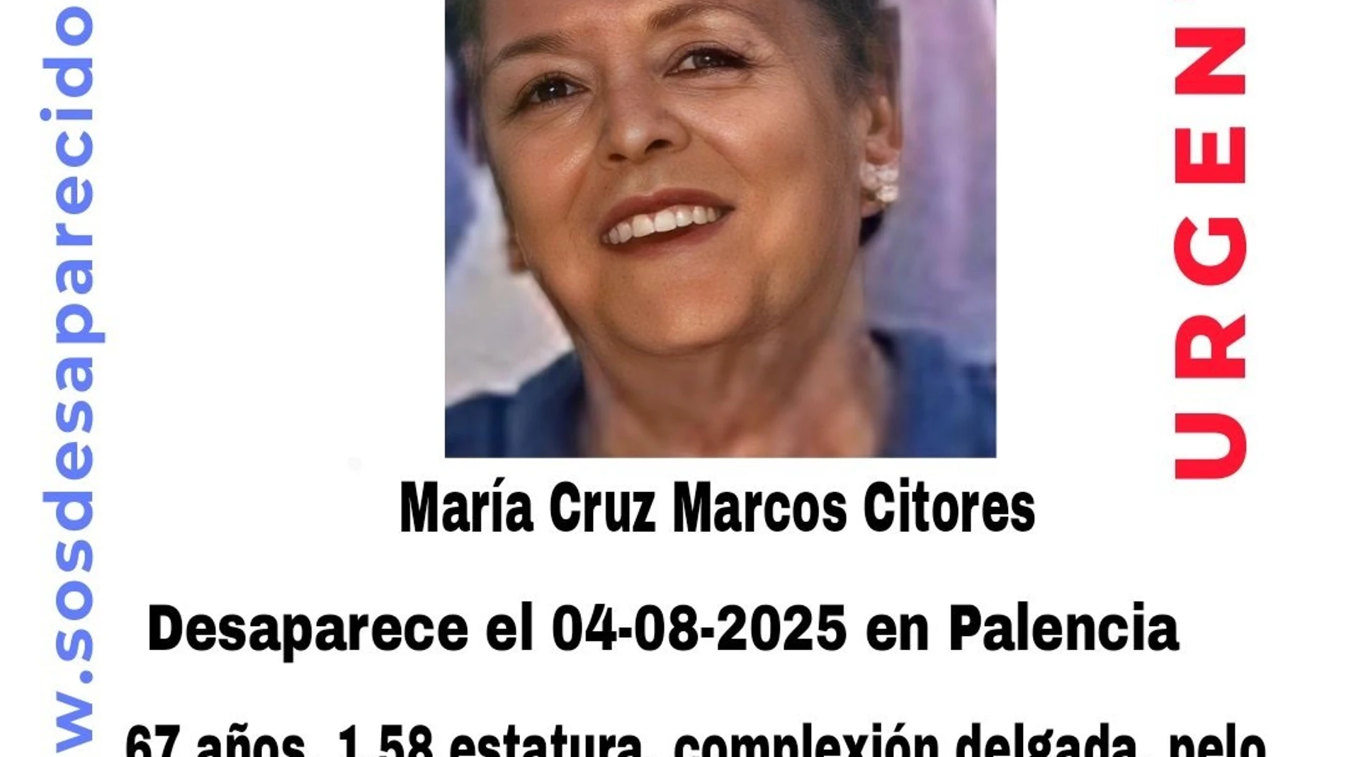 Buscan a una mujer de 67 años desaparecida desde el lunes en Palencia REMITIDA / HANDOUT por SOSDESAPARECIDOS Fotografía remitida a medios de comunicación exclusivamente para ilustrar la noticia a la que hace referencia la imagen, y citando la procedencia de la imagen en la firma 06/08/2025