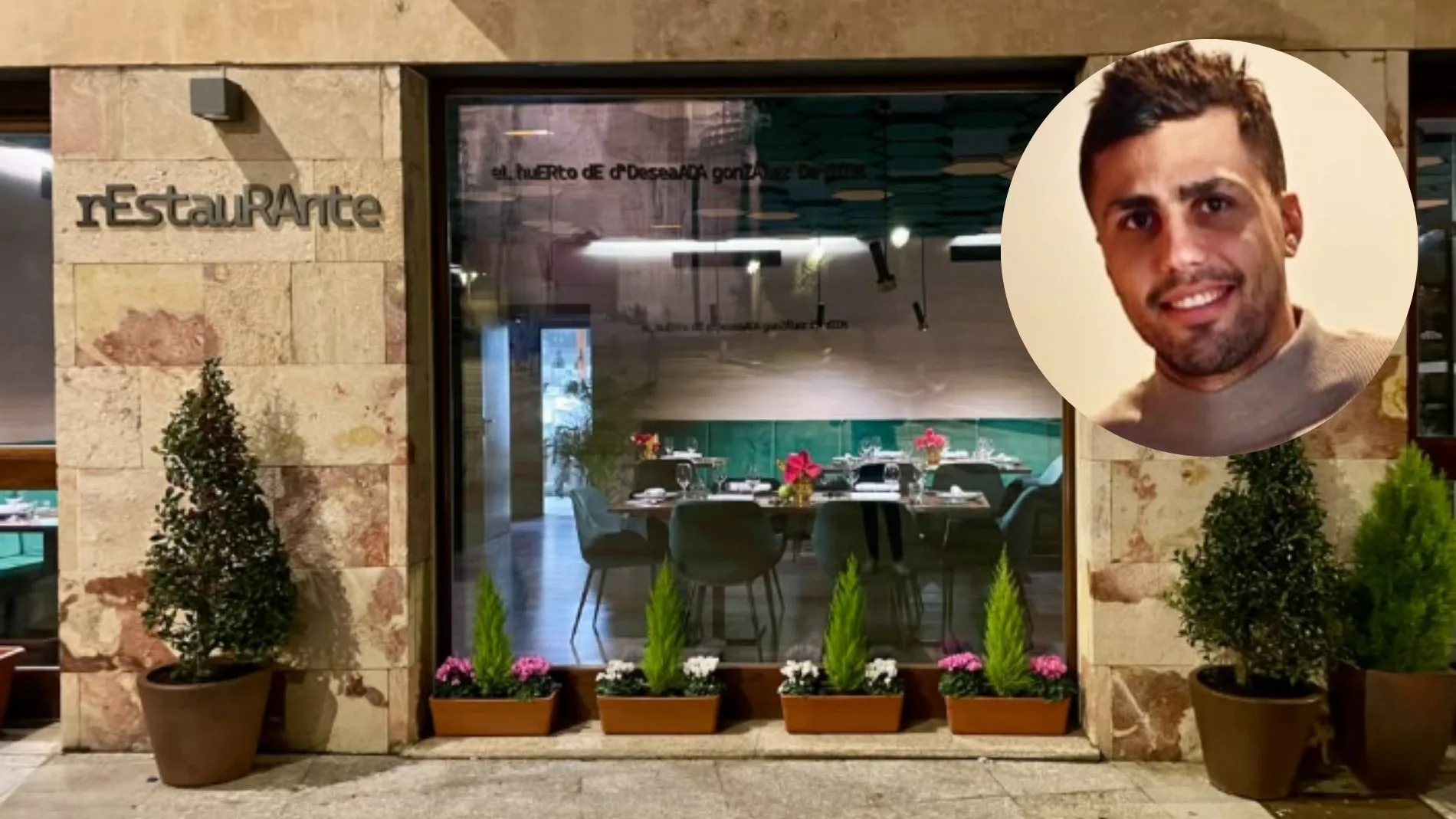 Fachada del restaurante El Huerto de Doña Deseada, en Salamanca, y una imagen del futbolista Rodri durante su visita a este templo gastronómico