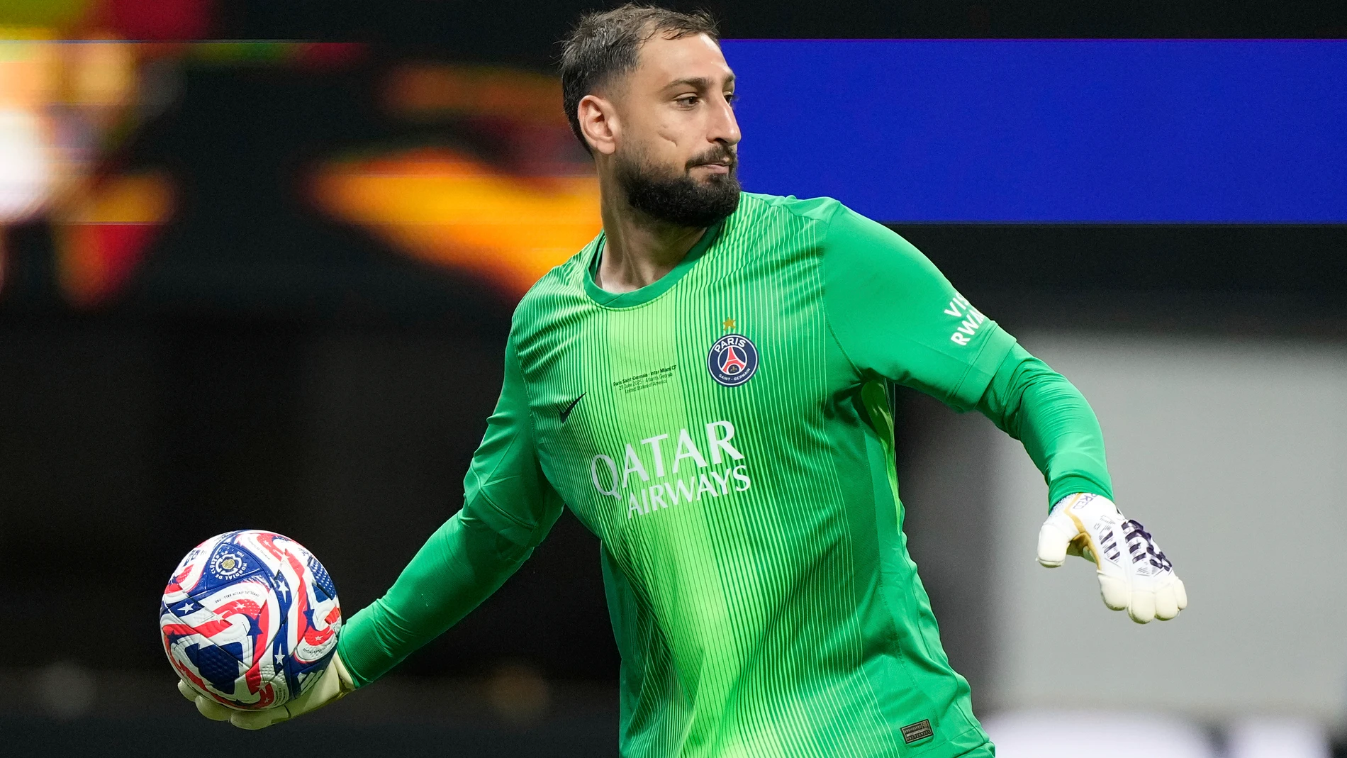 FILE - Paris Saint-Germain's goalkeeper Gianluigi Donnarumma puts the ball back in play during the Club World Cup round of 16 soccer match between PSG and Inter Miami in Atlanta, Sunday, June 29, 2025. (AP Photo/Brynn Anderson, File)