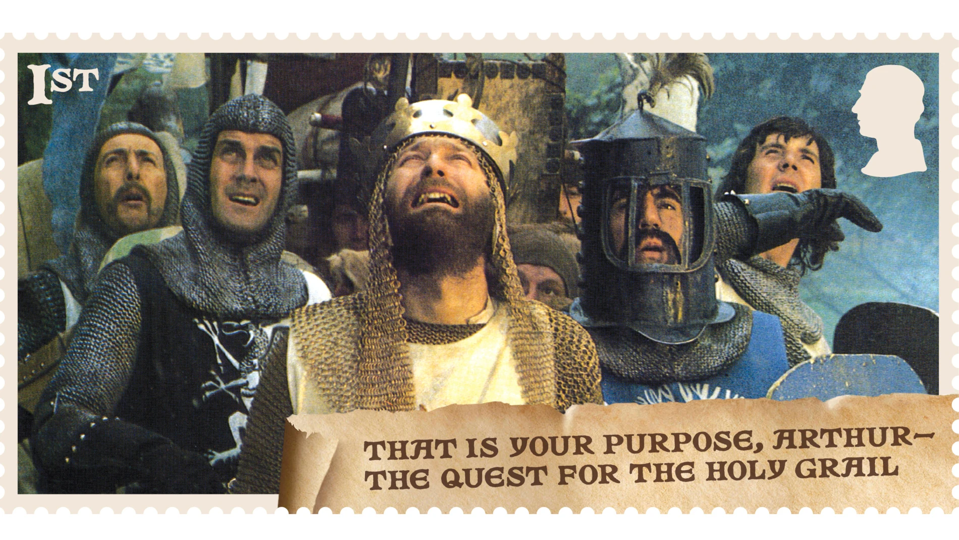 This photo provided by the Royal Mail on Wednesday Aug. 6, 2025 shows a Monty Python Holy Grail stamp issued to celebrate the 50th anniversary of the film. (Royal Mail via AP)