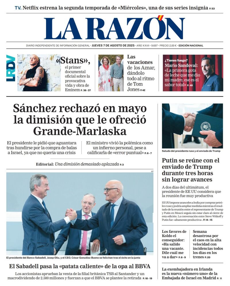 Portada de La Razón del jueves 7 de agosto de 2025