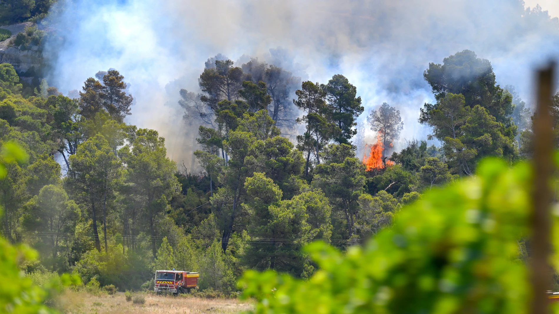 FOTODELDÍA Saint-Laurent-de-la-Cabrerisse (Francia), 07/08/2025.- Un camión de bomberos opera mientras un incendio forestal continúa propagándose en Saint-Laurent-de-la-Cabrerisse, departamento de Aude, sur de Francia, este jueves. Unas 16.000 hectáreas han sido quemadas hasta la fecha y al menos una persona ha fallecido en uno de los mayores incendios forestales en Francia desde 1949. EFE/ Philippe Magoni