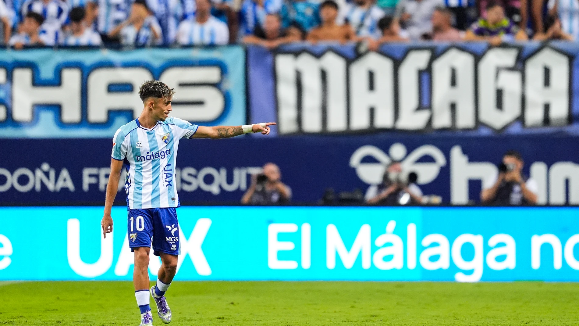 David Larrubia of Malaga CF celebrates a goal during XXXV Costa del Sol Trophy, football match played between Malaga CF and Real Betis at La Rosaleda Stadium on August 9, 2025, in Malaga, Spain. AFP7 09/08/2025 ONLY FOR USE IN SPAIN