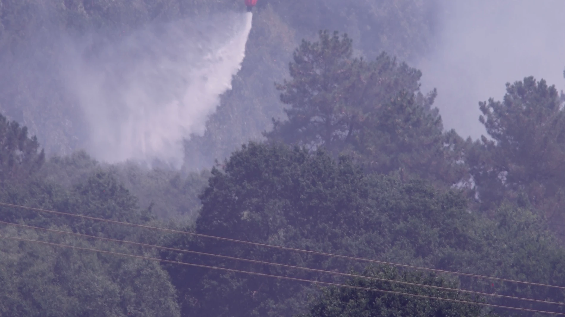 Servicios aéreos tratan de sofocar el incendio en la parroquía de Baamonde, a 9 de agosto de 2025, en Baamonde, Begonte, Lugo, Galicia (España). Desde el mediodía de este sábado 9 de agosto permanece activo un incendio forestal en la parroquia de Baamonde, en el municipio de Begonte (Lugo). Por ahora, las autoridades no han calculado la superficie afectada ni informado sobre daños o riesgos para viviendas, ya que el incendio es reciente y los equipos siguen centrados en su extinción. Este fue...