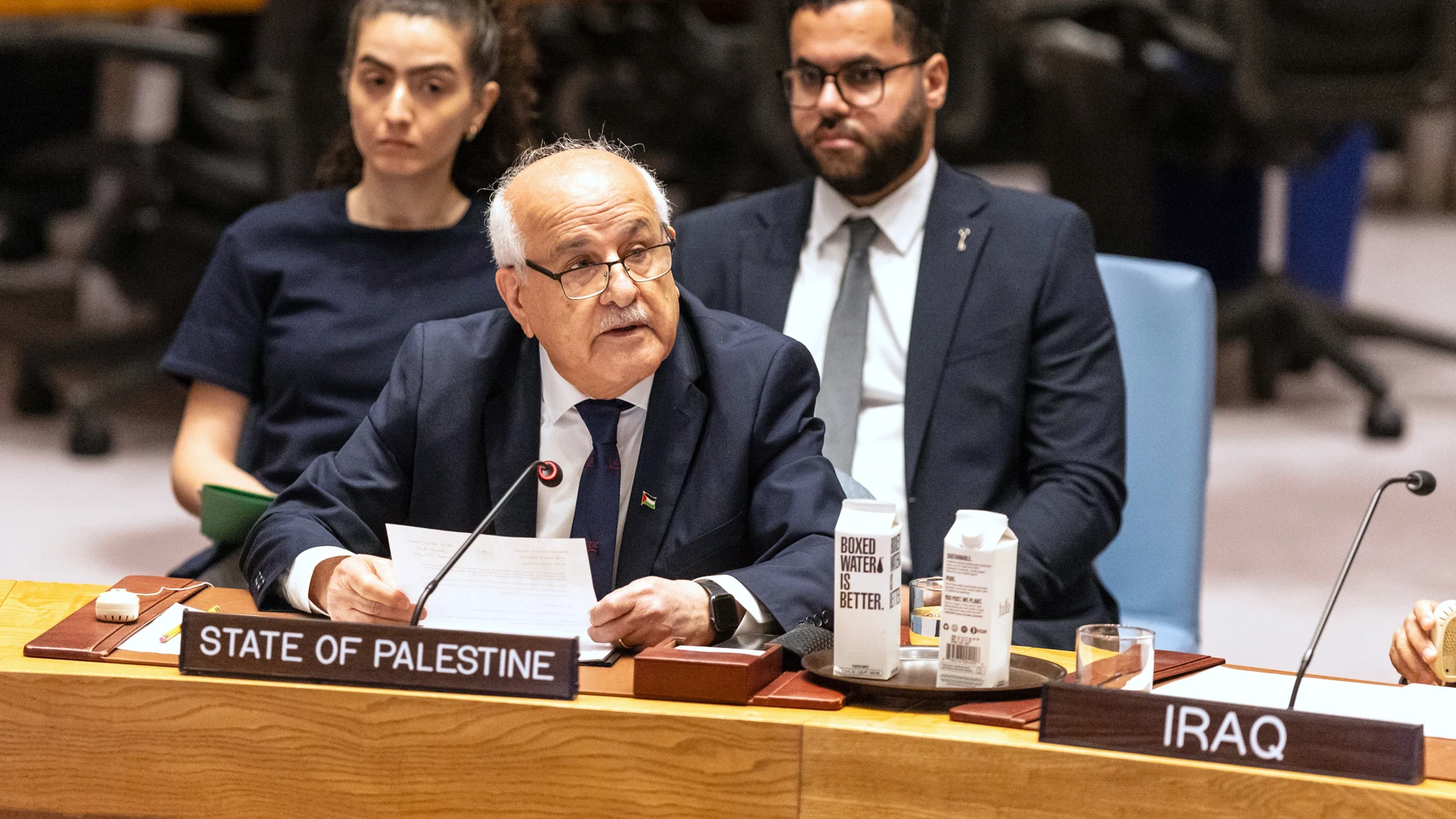 Riyad H. Mansour, Palestinian Permanent Observer to the United Nations speaks at a United Nations Security Council meeting on the situation in the Middle East at United Nations Headquarters, Sunday Aug. 10, 2025. (AP Photo/Stefan Jeremiah)