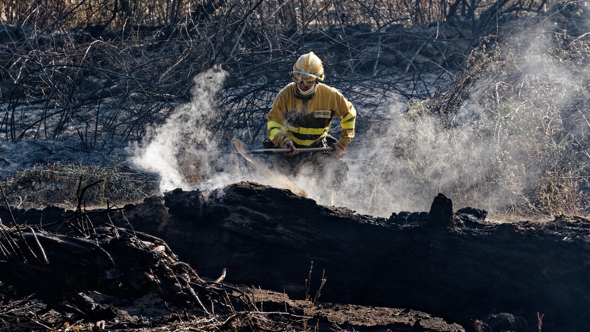 FOTODELDIA LAS NAVAS DEL MARQUÉS (ÁVILA), 10/08/2025.- Un miembro de una cuadrilla trabaja en uno de los puntos calientes del incendio de Las Navas del Marqués (Ávila), este domingo. El incendio que el viernes se declaró en el municipio abulense de San Bartolomé de Pinares y se extendió a Las Navas del Marqués se encuentra en una situación "favorable", después de una noche en la que han seguido produciéndose "pequeñas reactivaciones" en el interior del perímetro, que han sido controladas. EFE...