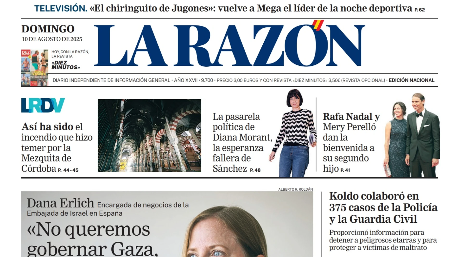 Portada de LA RAZÓN del domingo 10 de agosto de 2025
