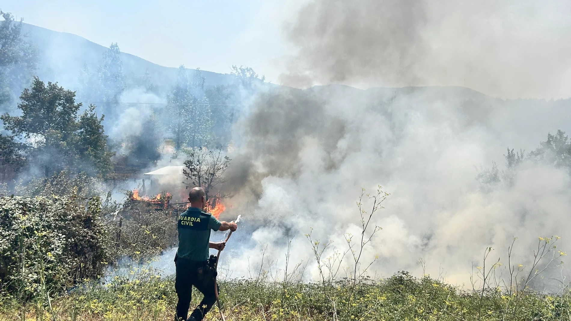 Un guardia civil intenta sofocar el fuego que afecta a uno de los municipios evacuados por el incendio originado en Yeres. REMITIDA / HANDOUT por SUBDELEGACIÓN DEL GOBIERNO EN LEÓN Fotografía remitida a medios de comunicación exclusivamente para ilustrar la noticia a la que hace referencia la imagen, y citando la procedencia de la imagen en la firma 10/08/2025