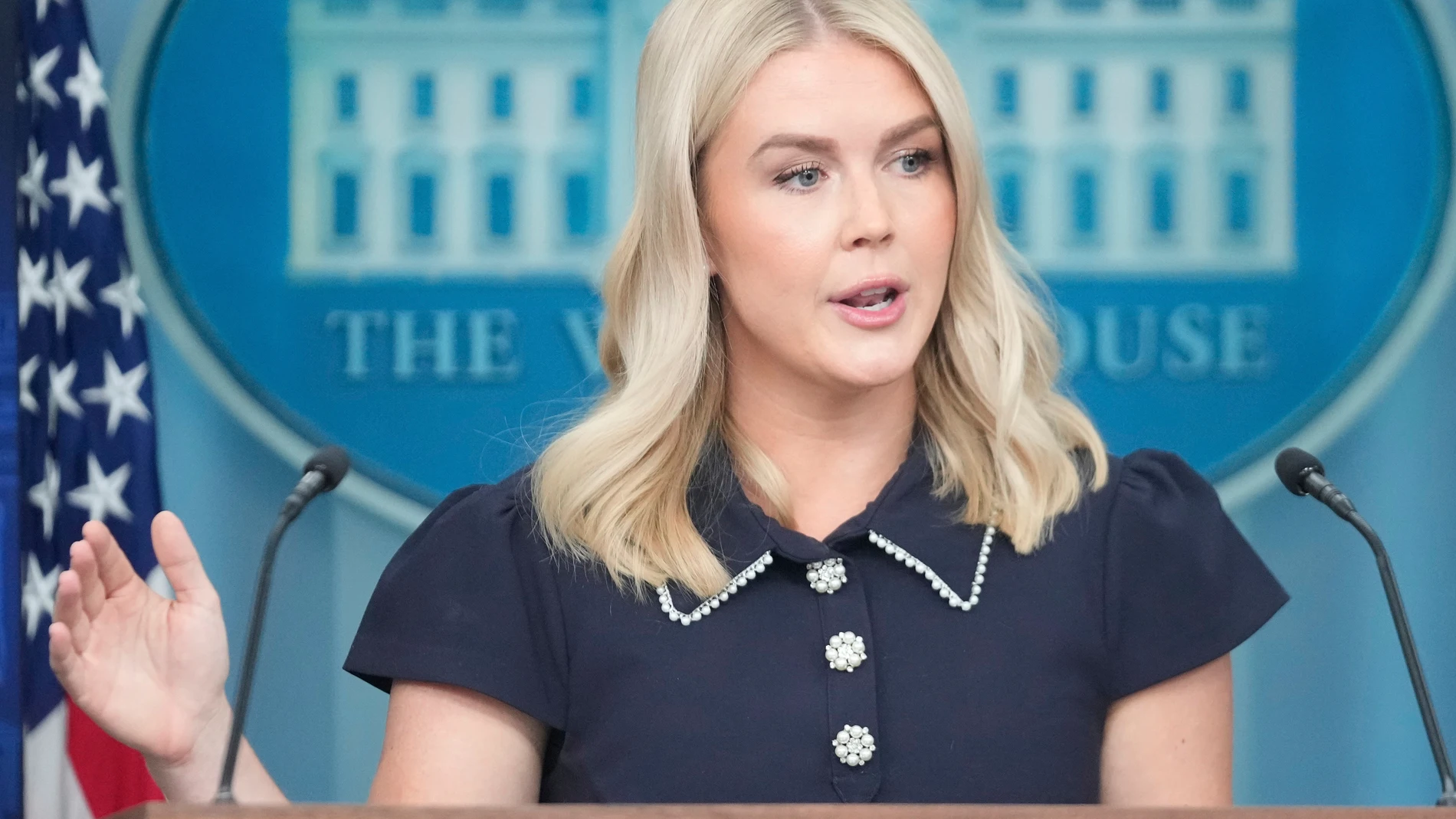 White House press secretary Karoline Leavitt speaks with reporters in the James Brady Press Briefing Room at the White House, Tuesday, Aug. 12, 2025, in Washington. (AP Photo/Mark Schiefelbein)