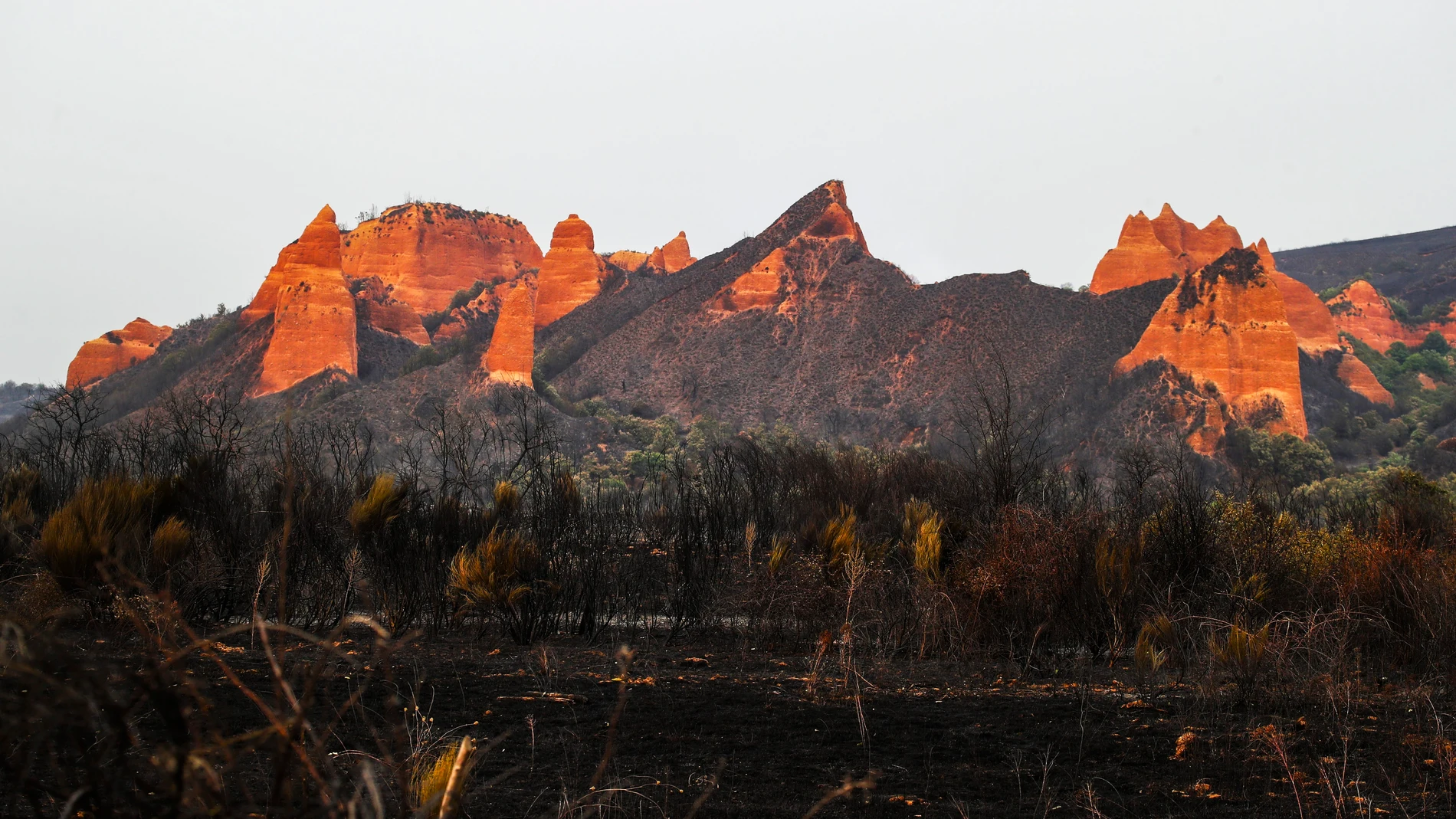 LAS MÉDULAS, 12/08/2025.- Paraje quemado en el espacio natural de Las Médulas en la provincia de León este martes. La mejor evolución del incendio forestal declarado en Yeres (León) y que ha afectado a Las Médulas, catalogado por la Unesco como Patrimonio de la Humanidad, ha permitido que los vecinos de cuatro de las cinco localidades desalojadas hayan podido regresar a sus casas, alrededor de 600 personas. EFE/Ana F. Barredo