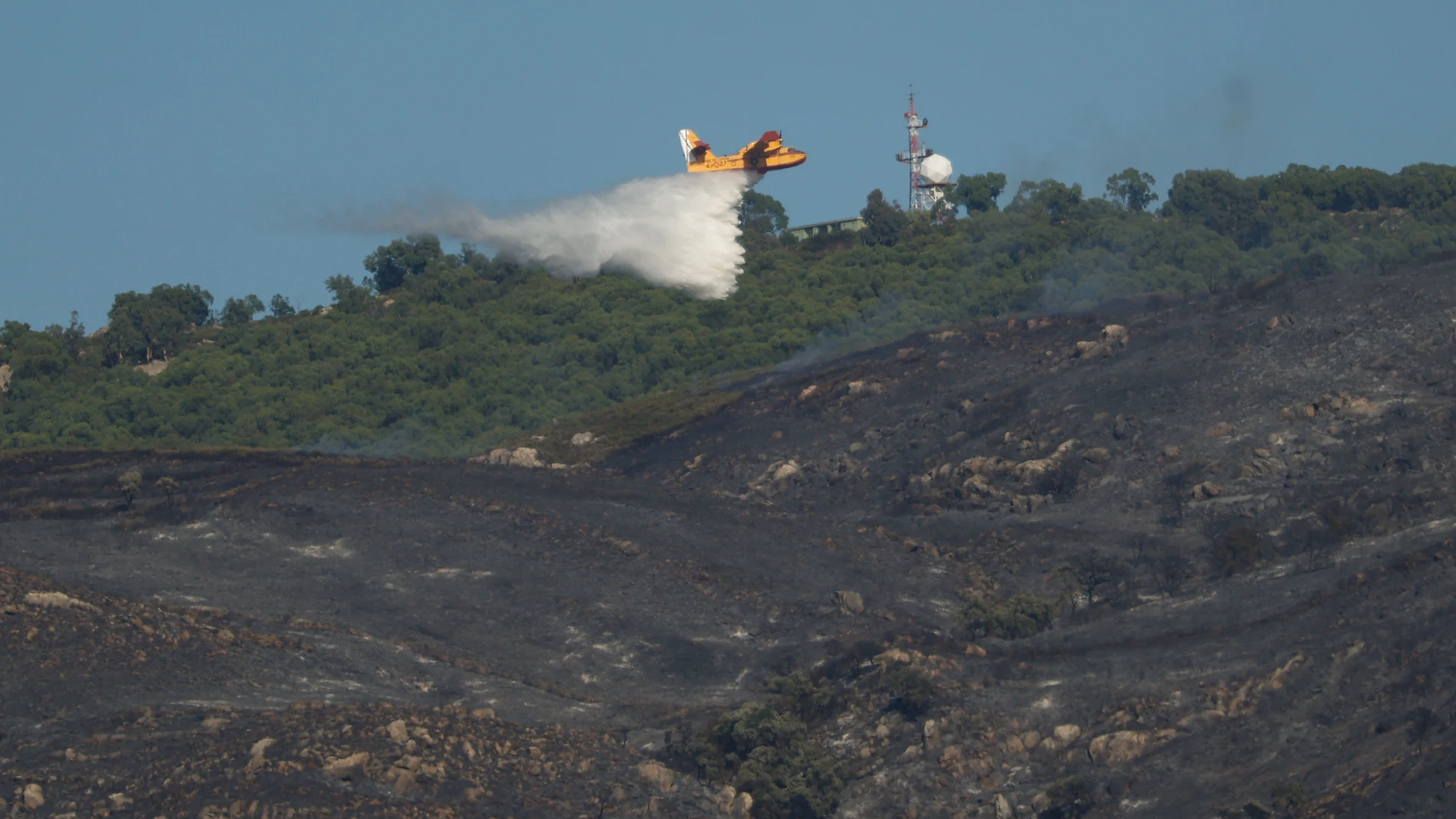 TARIFA (CÁDIZ), 12/08/2025.- Un hidroavión trabaja en las labores de extinción del incendio que desde ayer afecta a la Sierra de la Plata, en Tarifa (Cádiz), y que sigue activo y mantiene a unas 900 personas desalojadas de sus casas y hoteles de Atlanterra y Playa de los Alemanes. El incendio ha sido intencionado, según ha apuntado este martes el consejero de la Presidencia de la Junta de Andalucía, Antonio Sanz. EFE/A.Carrasco Ragel.