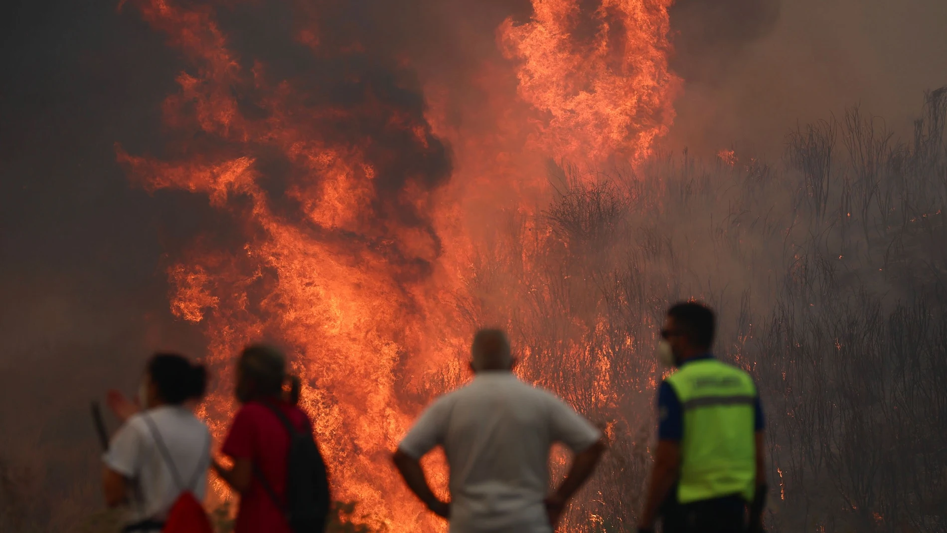 GRAF8039. O CAÑIZO (OURENSE), 14/08/2025.- Varias personas luchan contra las llamas del incendio de A Gudiña (Ourense), este jueves. La DGT ha informado de que la circulación en la autovía A-52 está cortada entre los kilómetros 124 y 129 por los incendios forestales, concretamente en la zona de A Gudiña. La autovía está cortada en ese tramo en ambos sentidos y también está afectada la N-525 en los puntos kilométricos 129 y 86. EFE/ Sxenick