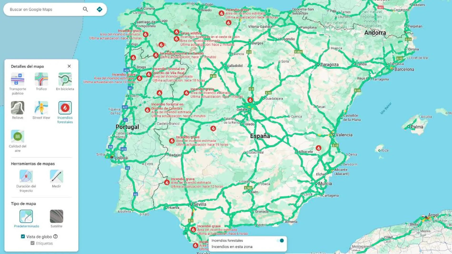 Cómo seguir los incendios forestales que arrasan España con Google Maps.