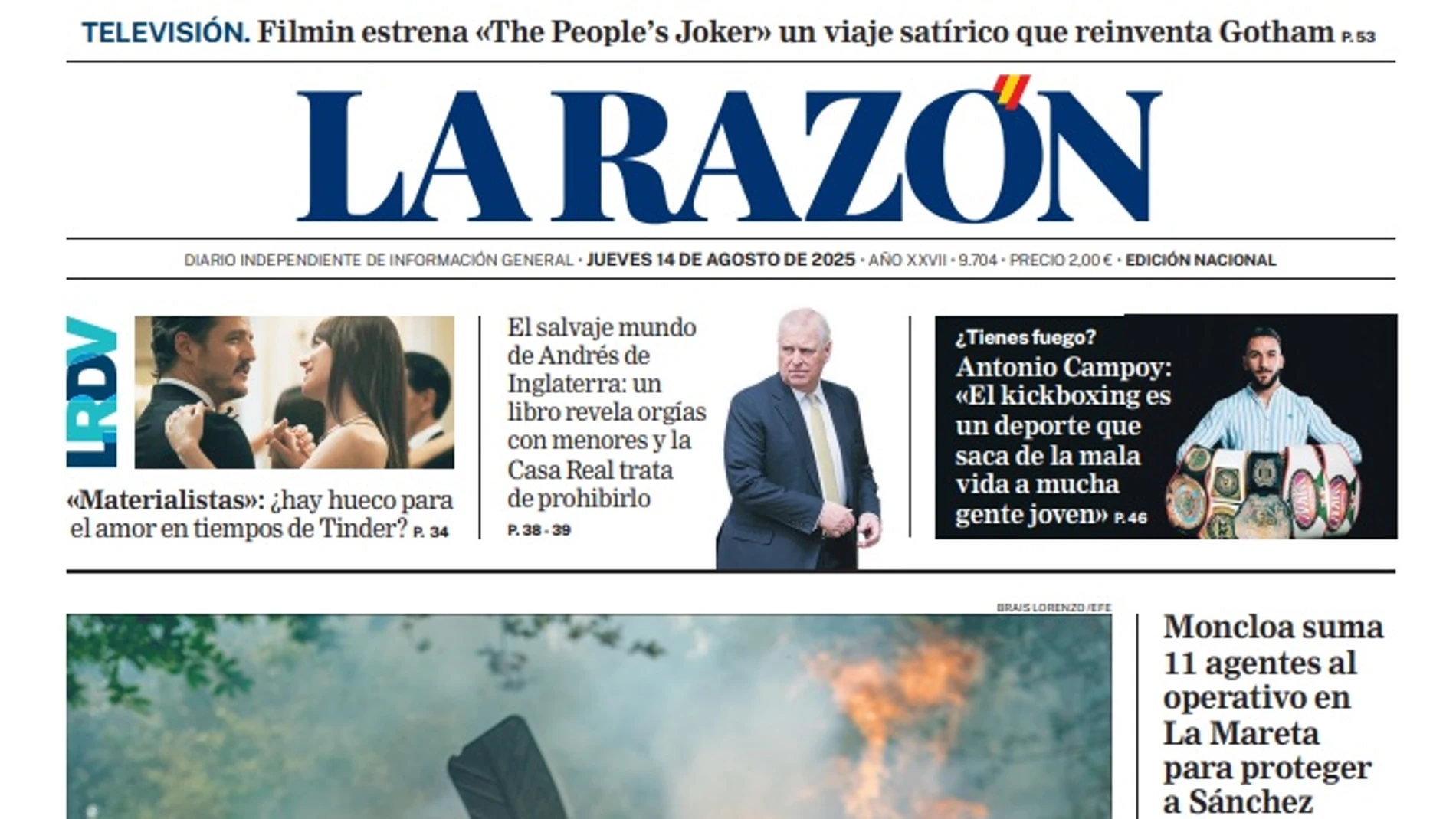 Portada de LA RAZÓN del jueves 14 de agosto de 2025
